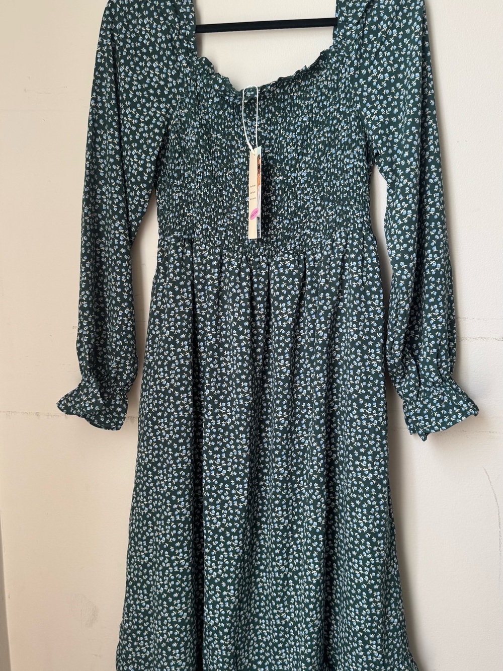 Smocked Long Sleeve Floral Midi Dress in Forest Green - Picture 1 of 5